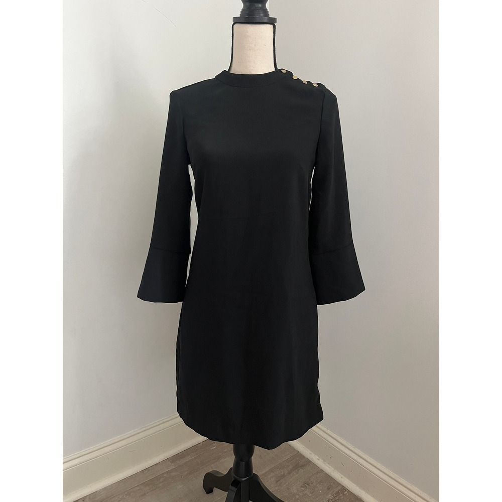 Black Mock Neck Shift Dress 2 Button Bell Sleeve Office Chic Preppy Minimalist